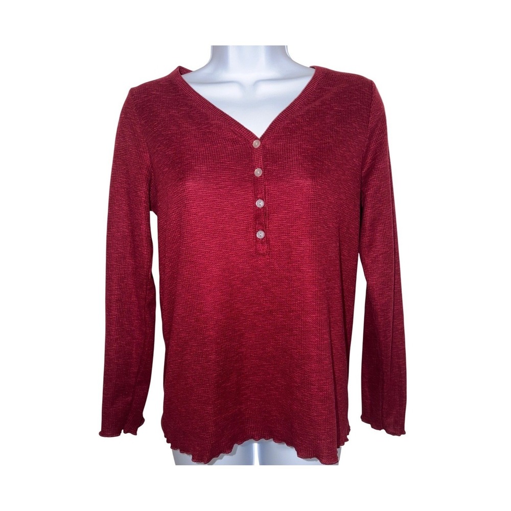 Eddie Bauer Sleepwear Womens Small Burgundy Waffle Knit Henley Long Sleeve Top